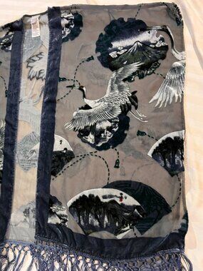 Chico's L/XL Crane Velvet Burnout Kimono Fringed Ruana Topper Blue Grey BOHO